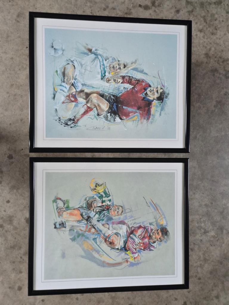 2 ingelijste sport schilderijen - 50 x 60 cm, Antiek en Kunst, Ophalen