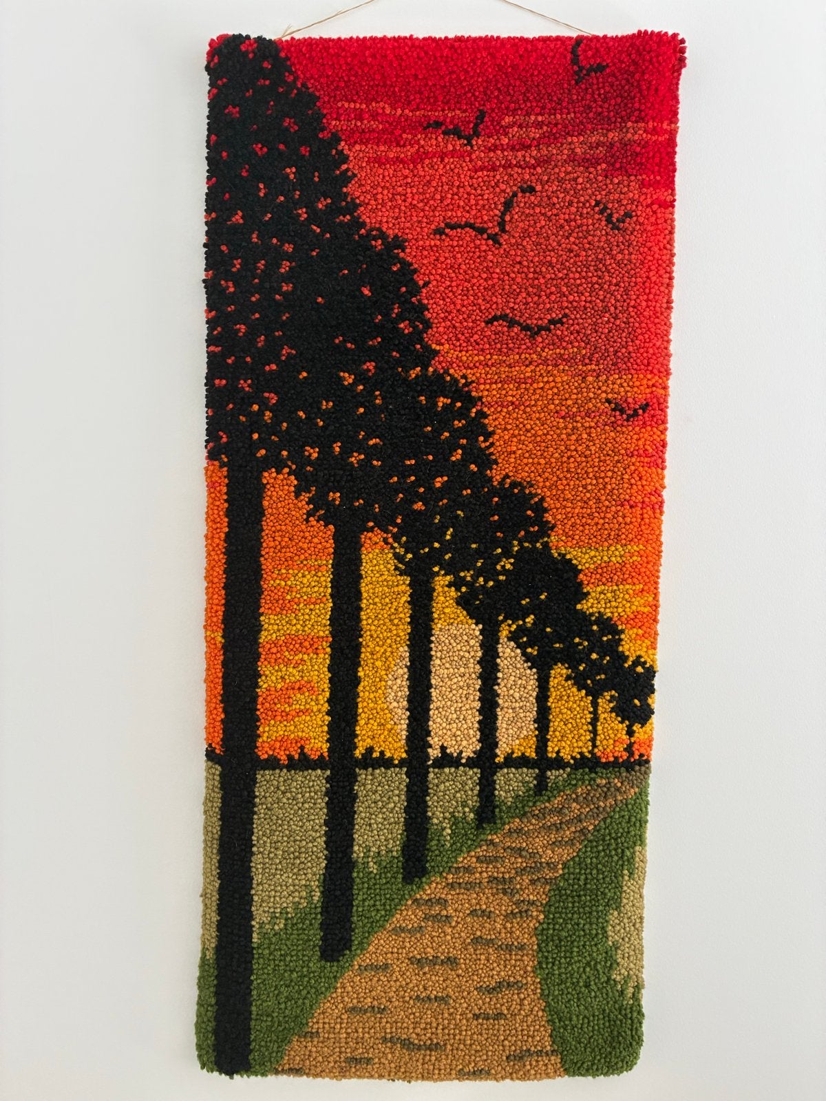 Vintage Wandkleed Zonsondergang met Bomen en Vogels, Gebruikt, 138 cm, Vintage, Ophalen of Verzenden