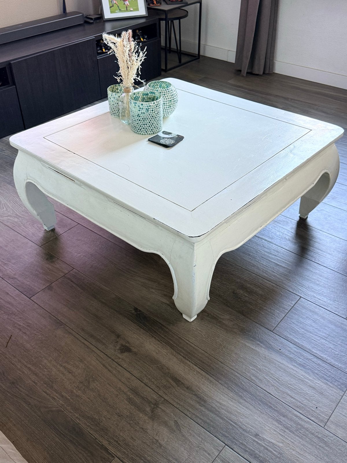 Witte salontafel met olifantenpoten 90x90x40, Gebruikt, 50 tot 100 cm, Vierkant, 50 tot 100 cm