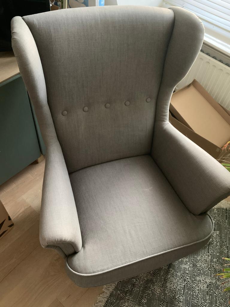 Grijze Ikea Strandmon fauteuil, Ophalen, Gebruikt, Stof, 75 tot 100 cm