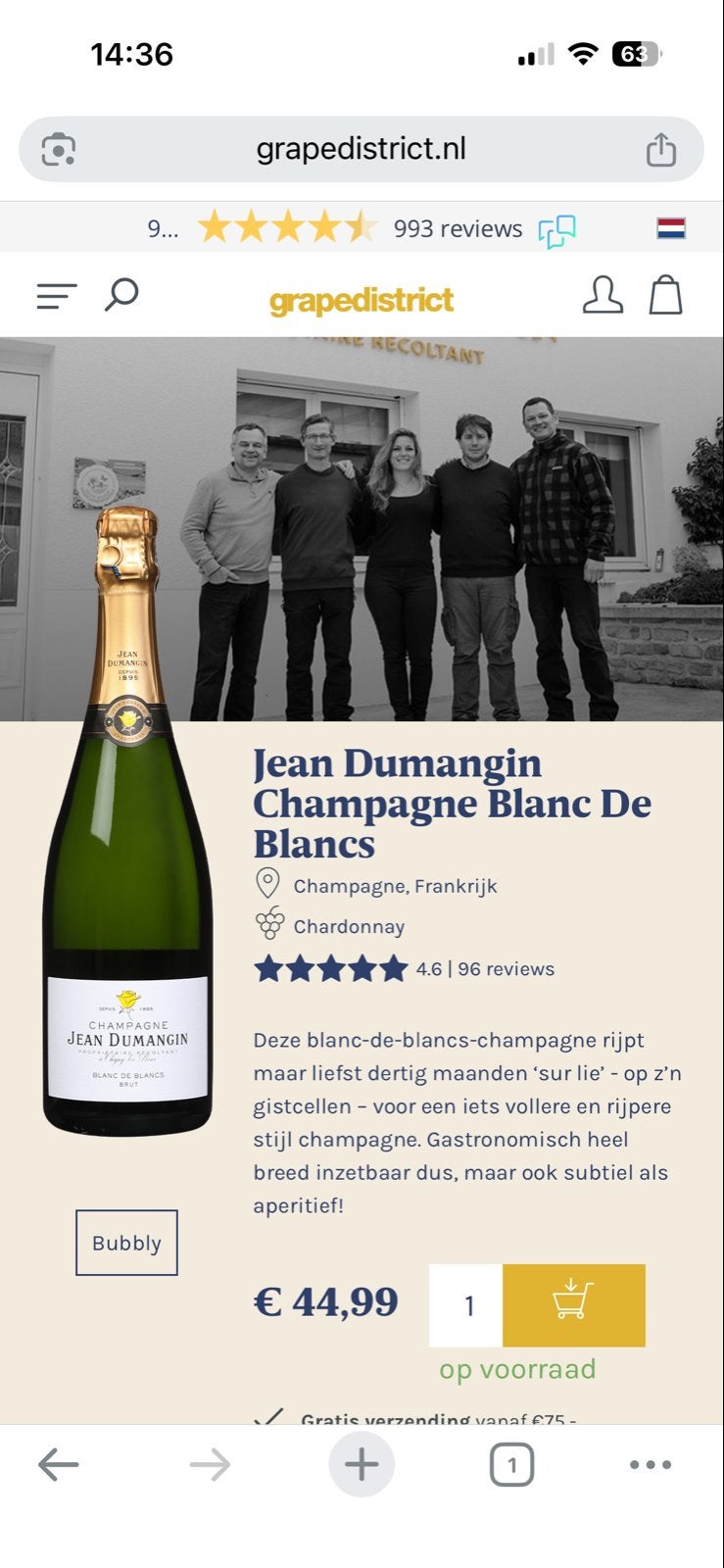 Jean Dumangin Champagne Blanc De Blancs, Ophalen of Verzenden, Nieuw, Frankrijk, Champagne