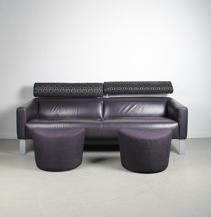 1x Leolux Patachou Bank + Hocker Paars Leer, Huis en Inrichting, Banken | Bankstellen, Niet ingevuld, Gebruikt, 150 tot 200 cm