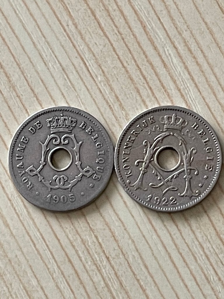 België munten 2 van 5 centimes België Leopold II ,1905, 1922, Postzegels en Munten, Ophalen of Verzenden, België, Losse munt