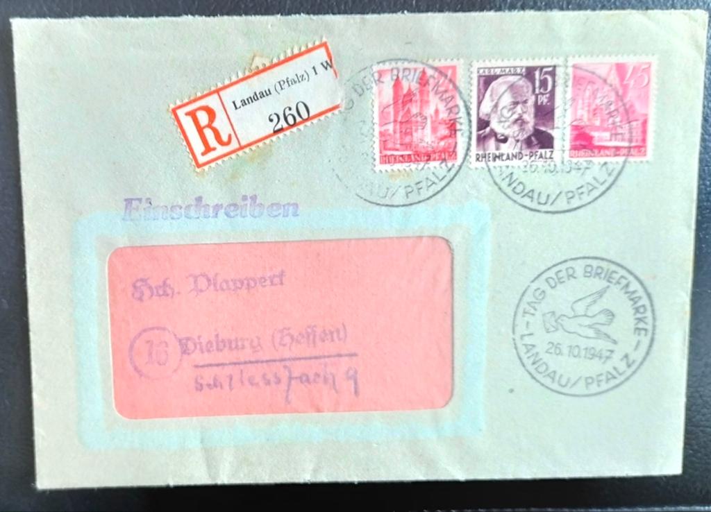 Franse Zone Aangetekende Brief SST Landau (Pfalz) 1947., Verzenden, Envelop