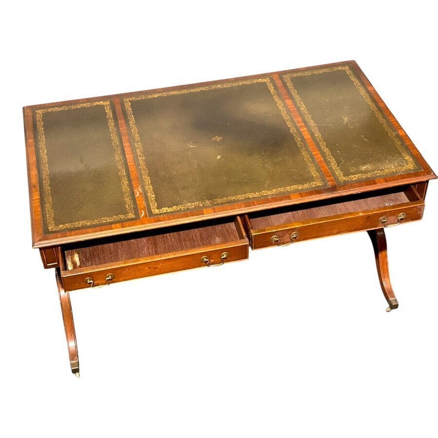 Engels bureau met lederen blad en twee lades, Ophalen of Verzenden