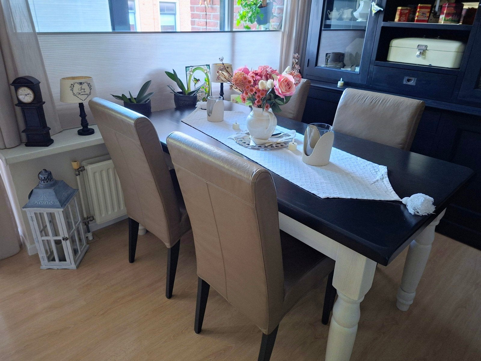 Leren eetkamerstoelen - 4 stuks - Beige/Taupe, Ophalen, Modern, Klassiek, Gebruikt, Overige kleuren