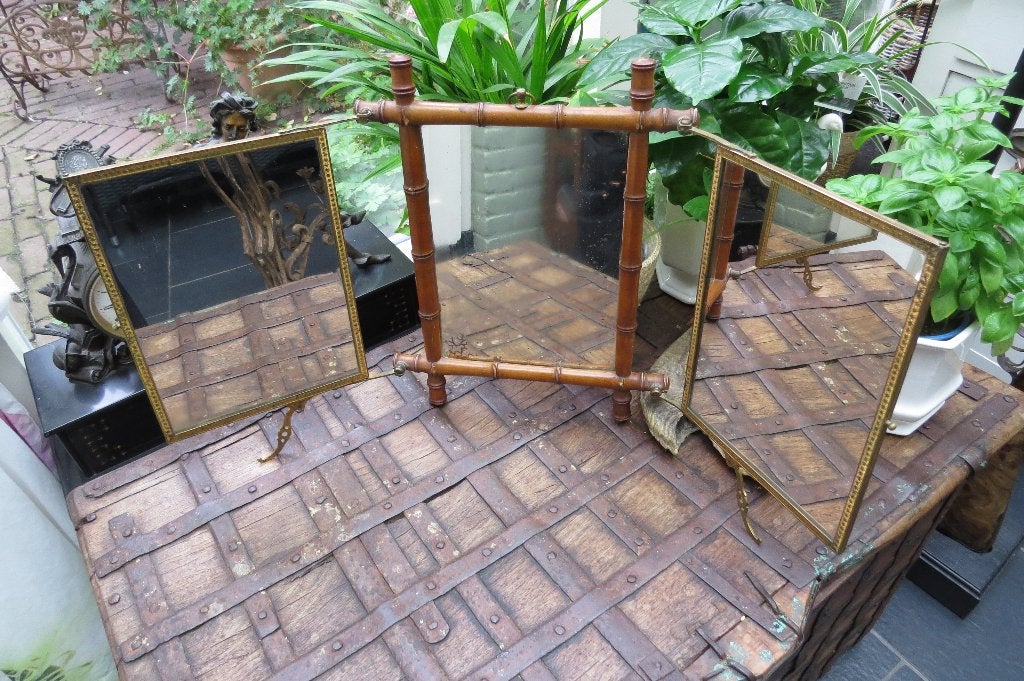 Antieke houten  Drieluik Spiegel met Decoratieve Panelen, Ophalen of Verzenden