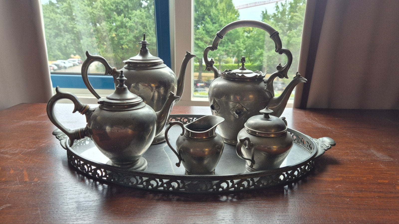 Antiek tinnen theeservies met dienblad, Antiek en Kunst, Antiek | Tin, Ophalen