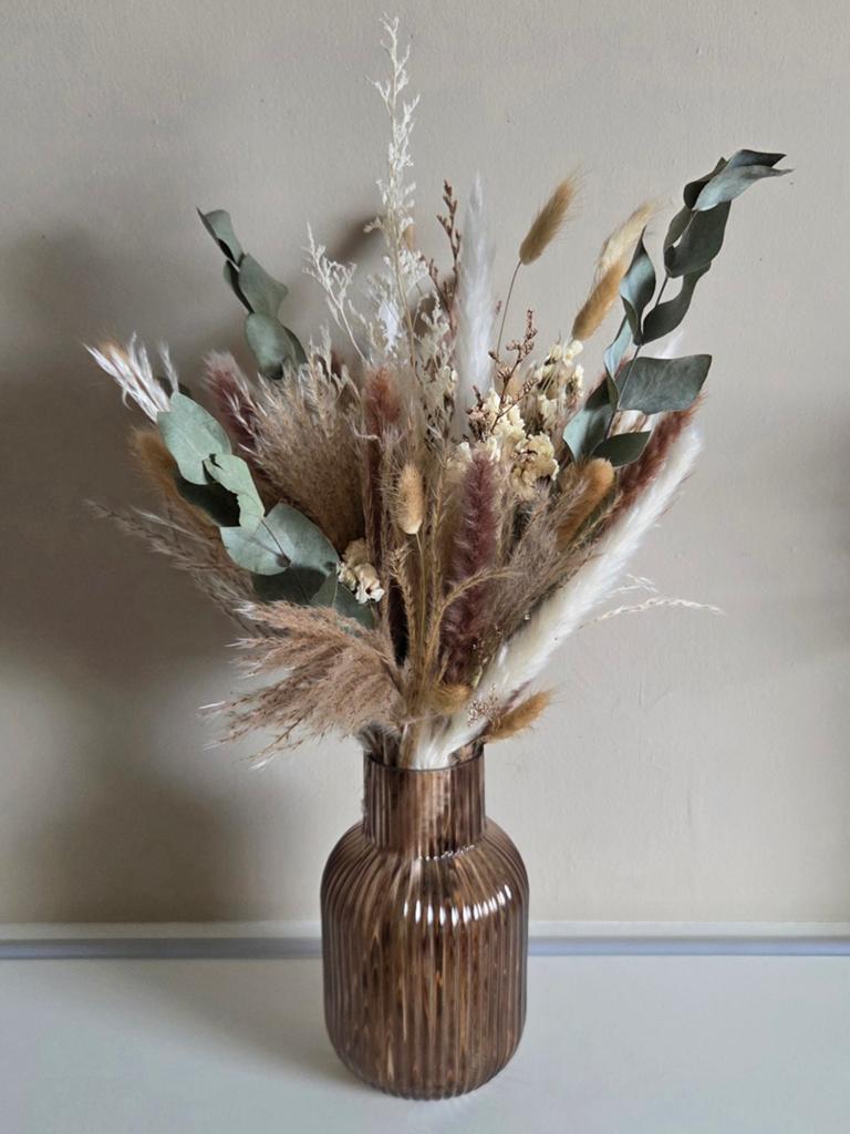 Prachtig droogbloemen boeket inclusief vaas, Ophalen, Zo goed als nieuw