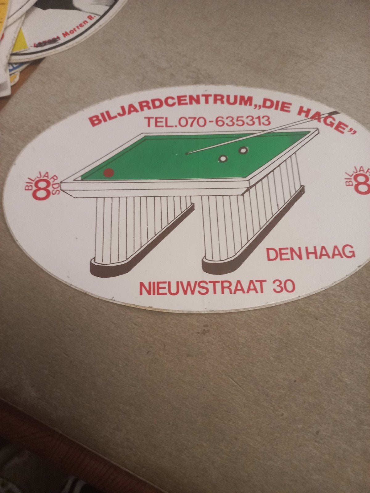 Vintage Biljartcentrum "Die Hage" Sticker, Ophalen of Verzenden