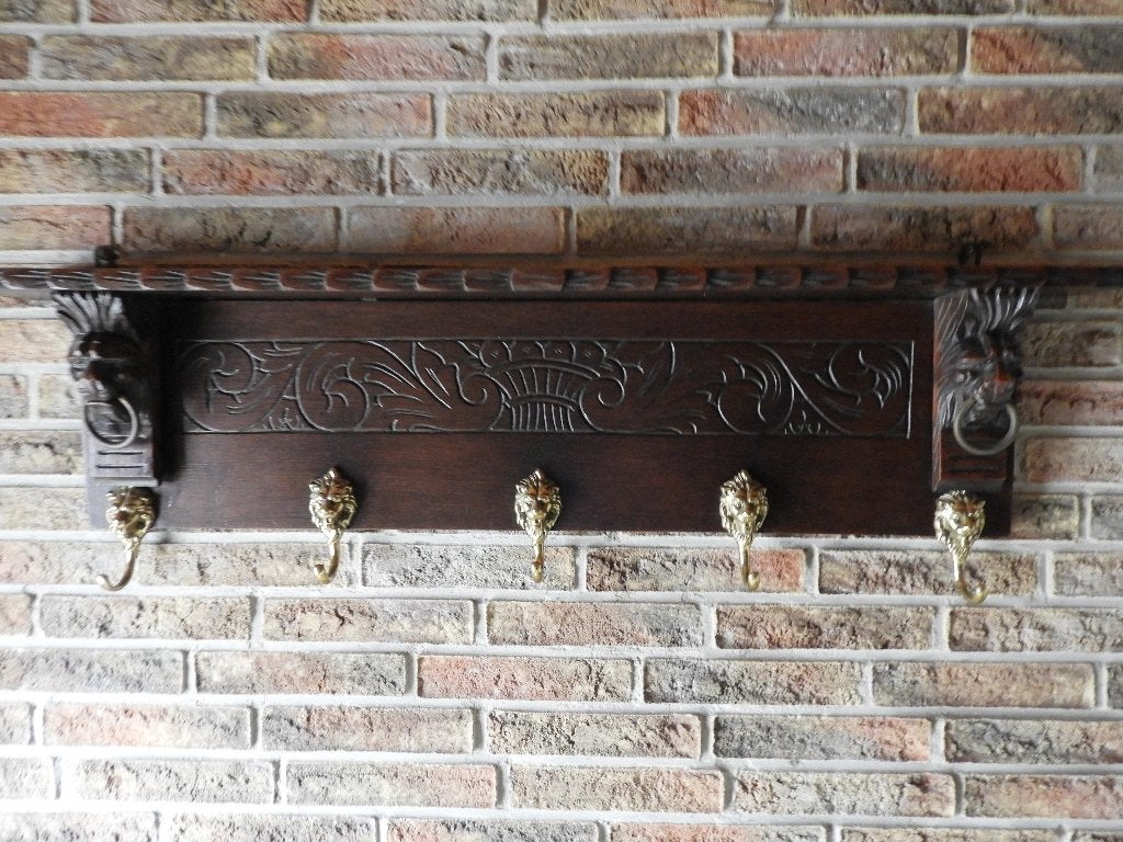 Antieke Mechelse Eiken Kapstok Leeuwenkoppen - 100 cm, Gebruikt, Minder dan 100 cm, Hout, Ophalen