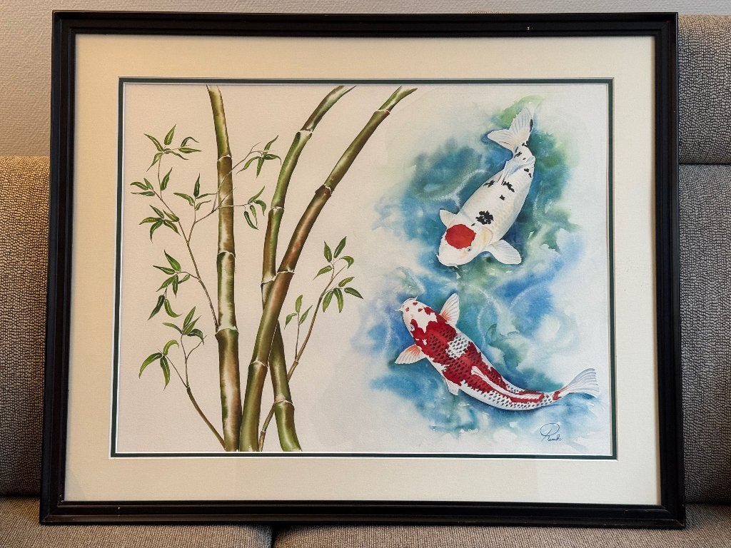 schilderij koi karpers en bamboe door Remko van den Berg., Passe-partout, Papier/karton, Ophalen of Verzenden, Dieren