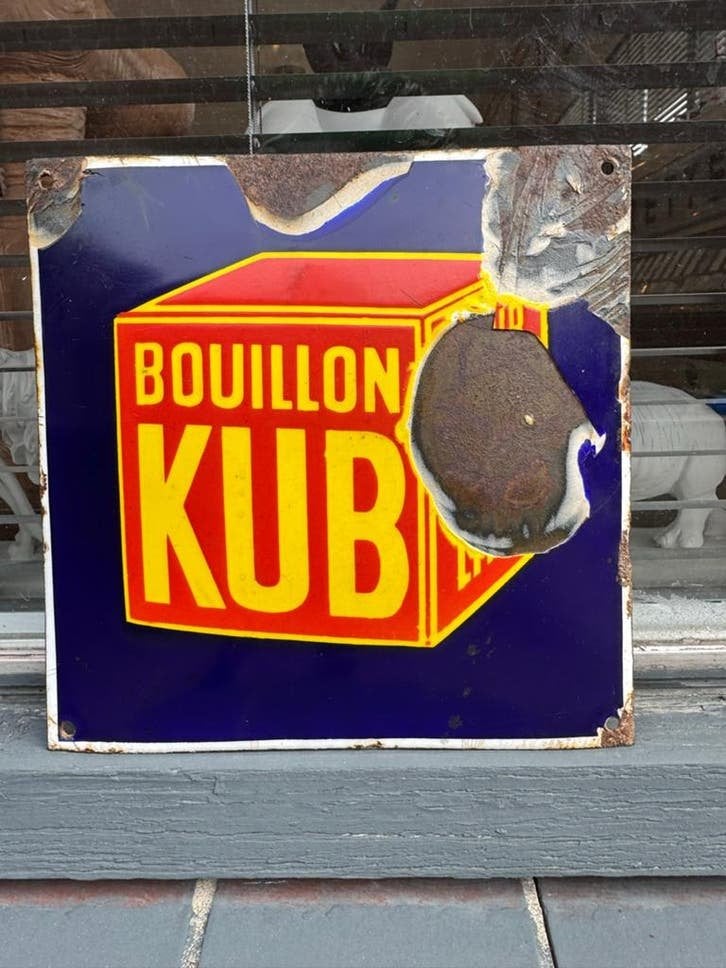 Vintage Bouillon Kub Emaille Reclamebord - Authentiek, Antiek en Kunst, Antiek | Emaille, Ophalen of Verzenden