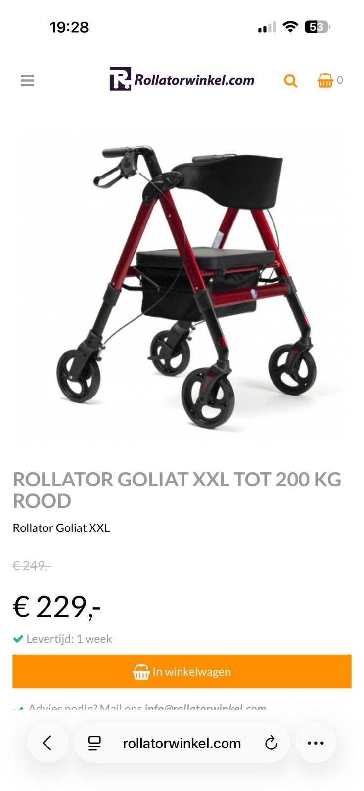 Rollator Goliath XXL tot 200 kg. Extra breed, Diversen, Ophalen of Verzenden, Zo goed als nieuw