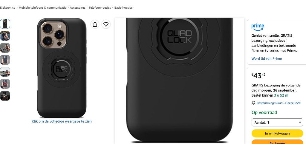 Quad Lock Fietsbundel: Fietshouder & iPhone Hoesje, Kunststof, IPhone 16, Quad Lock, Hoesje of Tasje