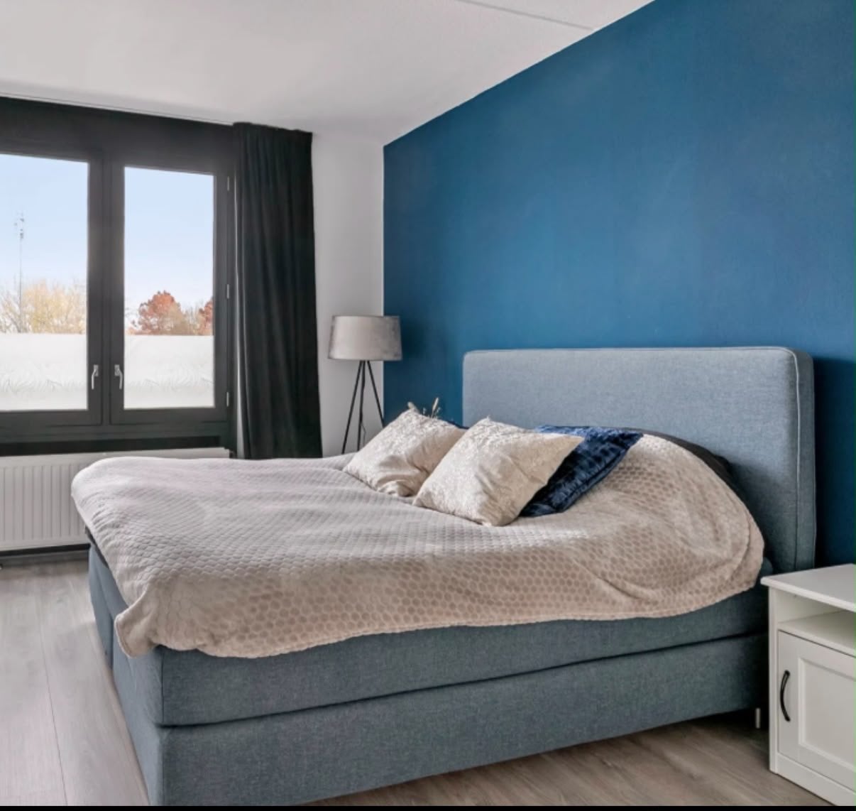 IKEA HAUGA gestoffeerd bed hoes 160x200 - donker/licht blauw, Gebruikt, Blauw, Tweepersoons, Ophalen of Verzenden