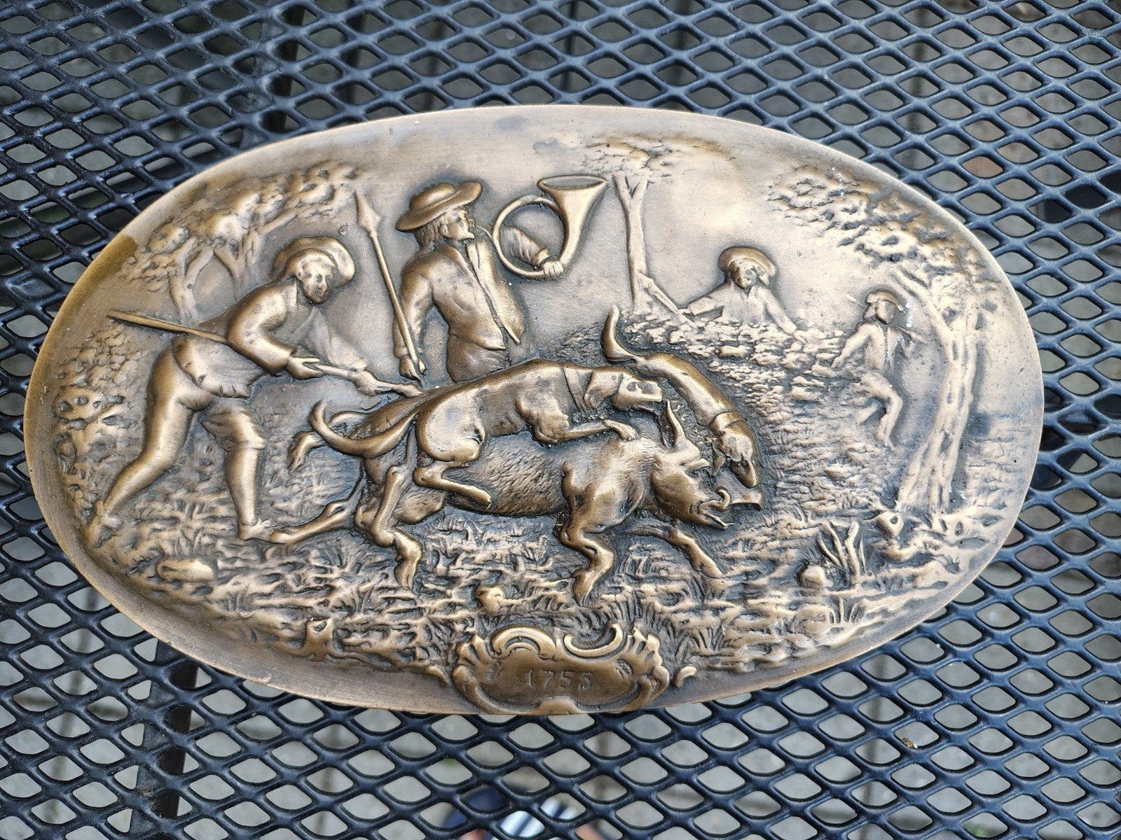 Antieke bronzen plaquette: Jachtscène uit 1753, Ophalen of Verzenden
