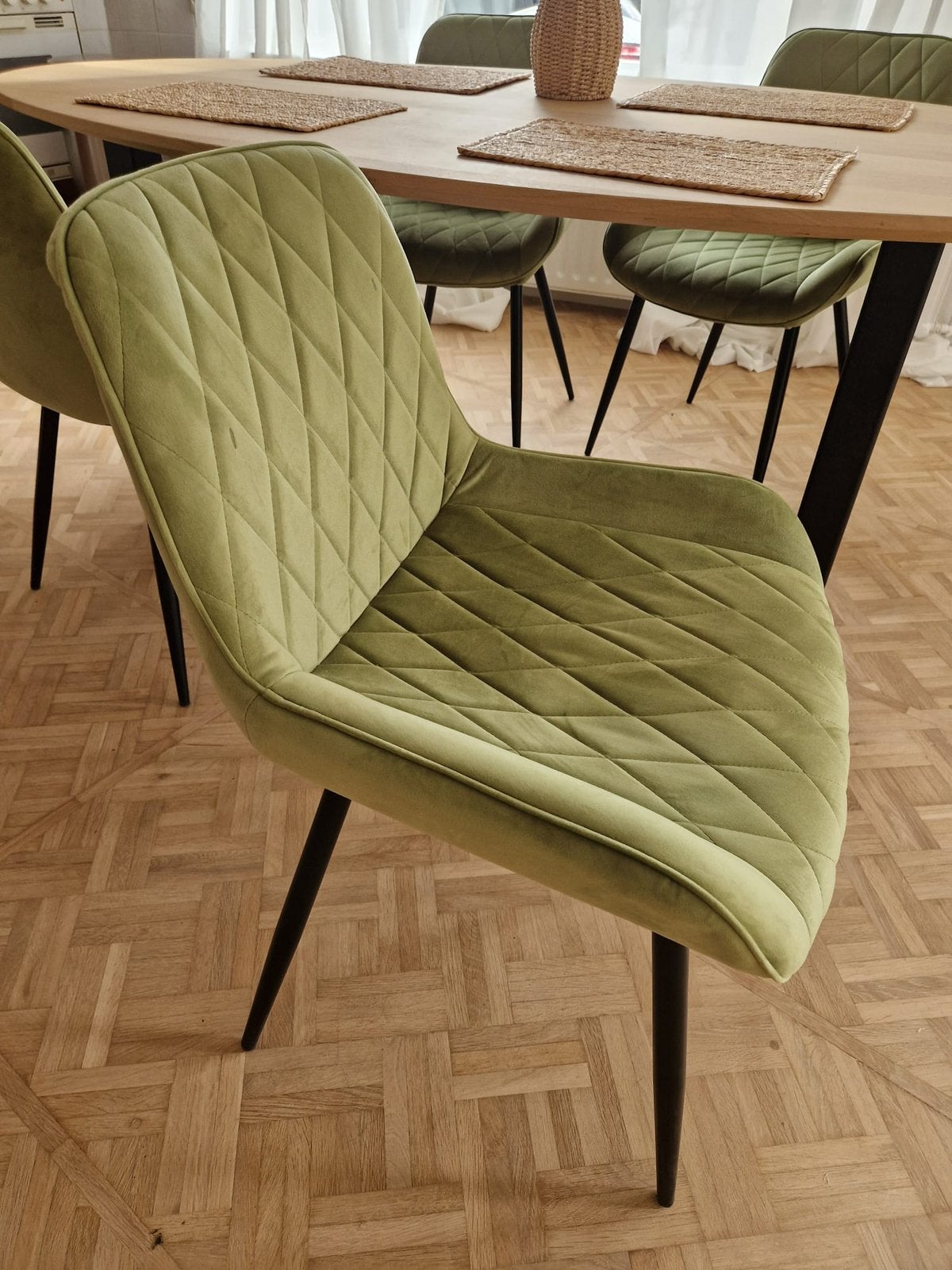 Groen fluwele eetkamer stoelen, Ophalen, Overige kleuren, Zo goed als nieuw, Eetkamer stoelen
