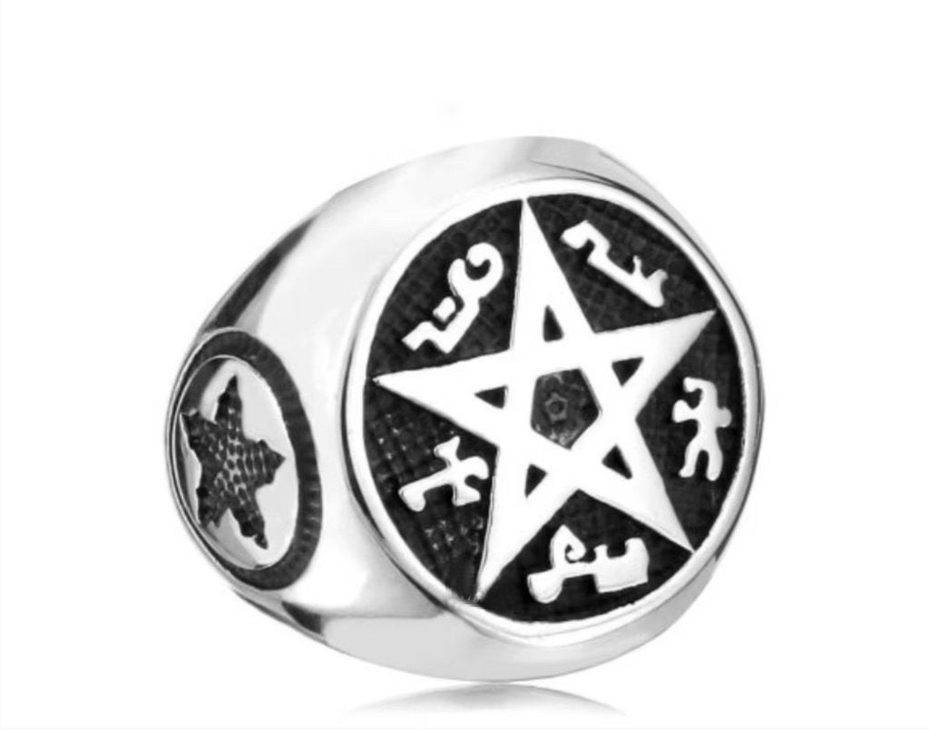 Pentagram ring met occulte tekens, 20 of groter, Heer, Nieuw, Zilver