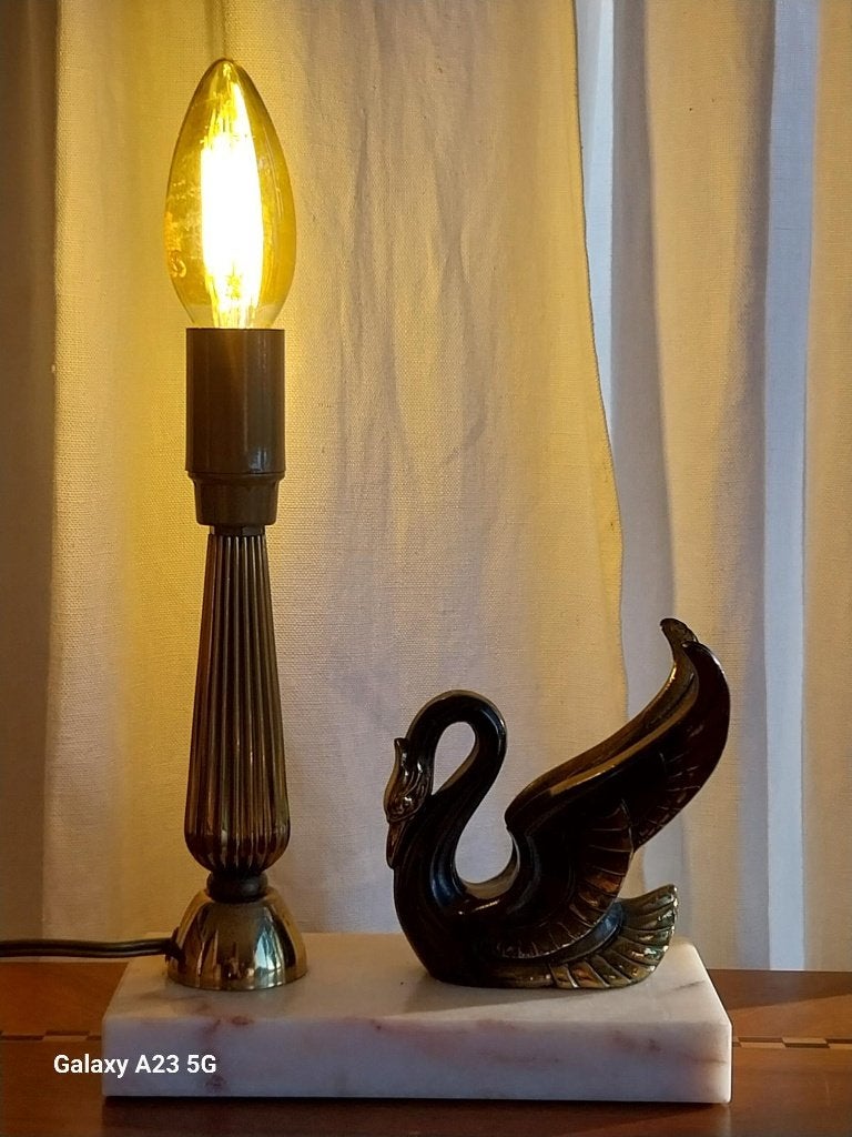 Vintage Art Deco zwanenlamp marmer en zamak, Ophalen of Verzenden