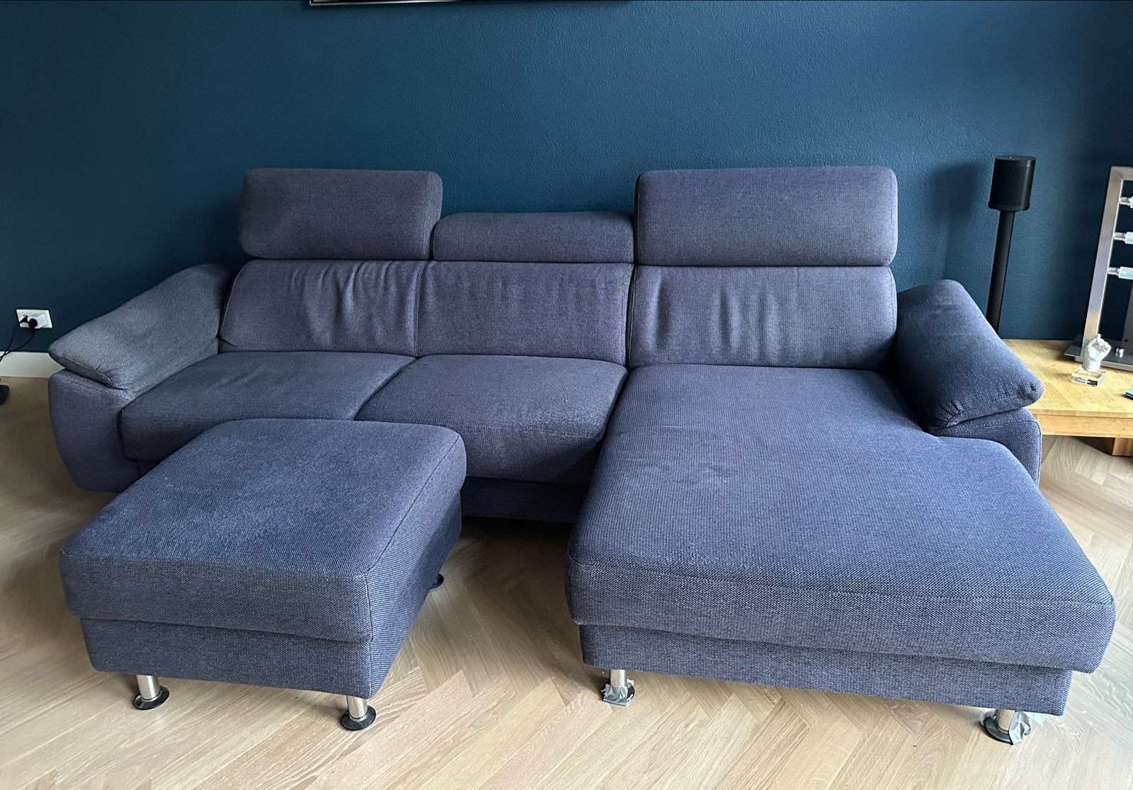 Inhouse Rigas blauwe hoekbank met longchair en hocker, Ophalen, 250 tot 300 cm, Gebruikt, 125 tot 150 cm