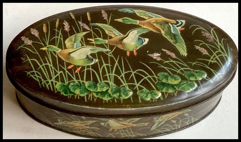 Vintage blikken doos met eendenmotief - Bolletje?, Verzamelen, Blikken, Verzenden, Gebruikt, Overige, Bolletje