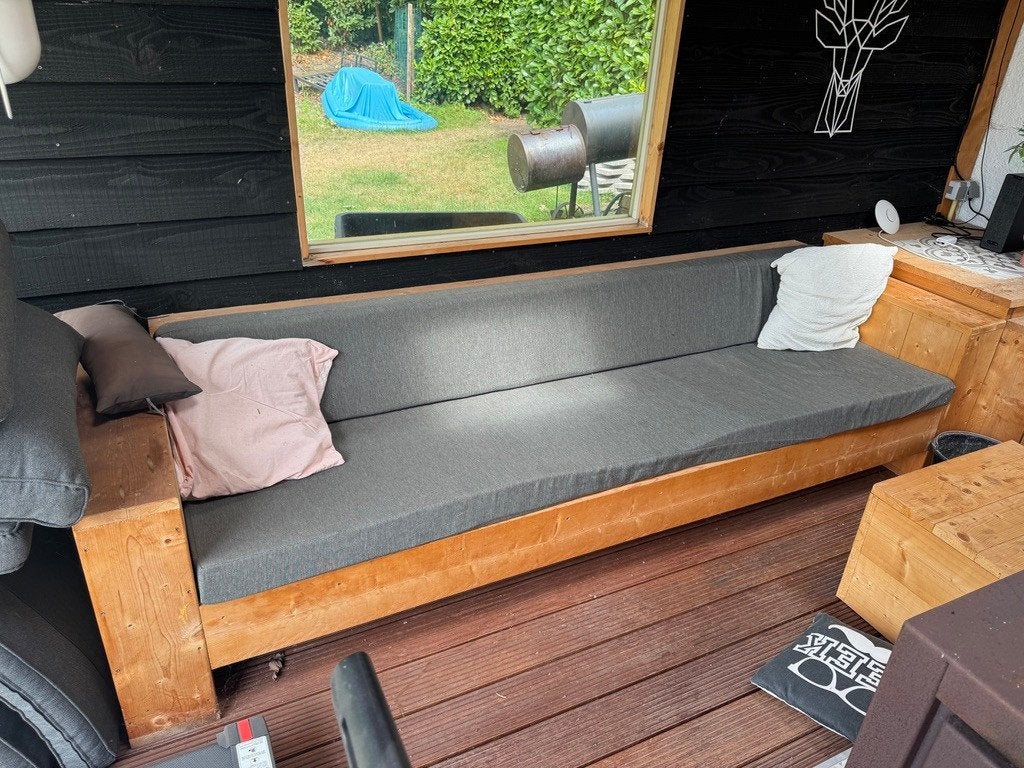 Houten loungebanken set met kussens, Tuin en Terras, Ophalen, Gebruikt, Hout