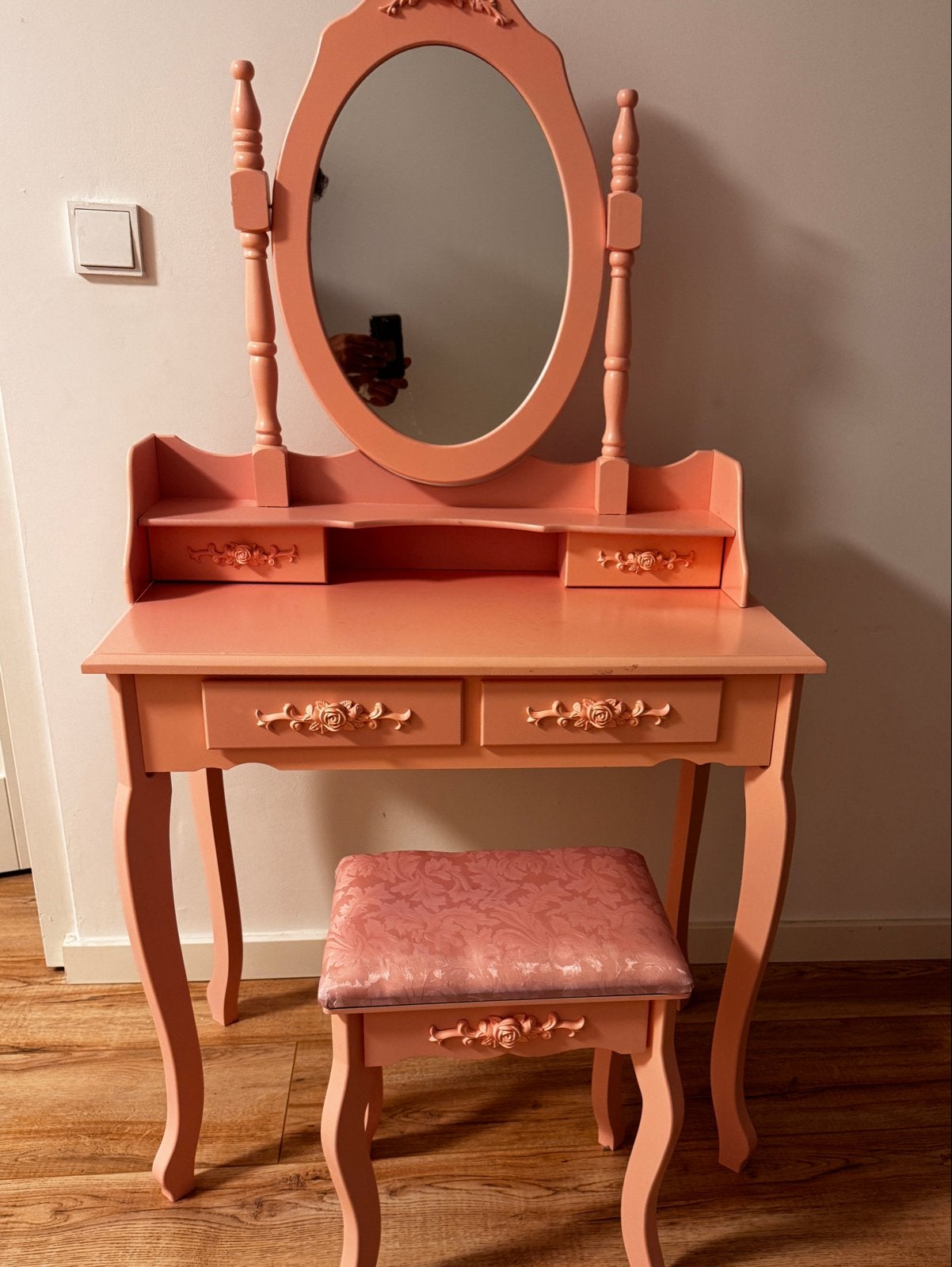 Roze kaptafel met spiegel en krukje, Ophalen, Gebruikt, 100 tot 150 cm, 50 tot 100 cm