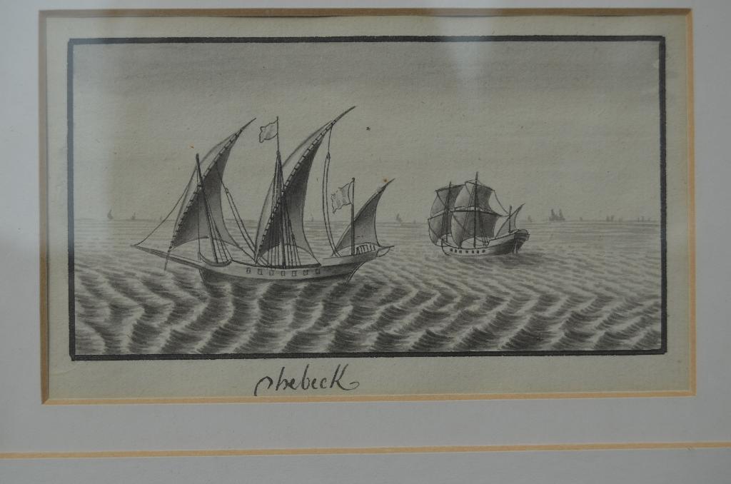 Mooie monochroom aquarel van een Chebeck / Xebec, Antiek en Kunst, Kunst | Schilderijen | Klassiek, Ophalen of Verzenden
