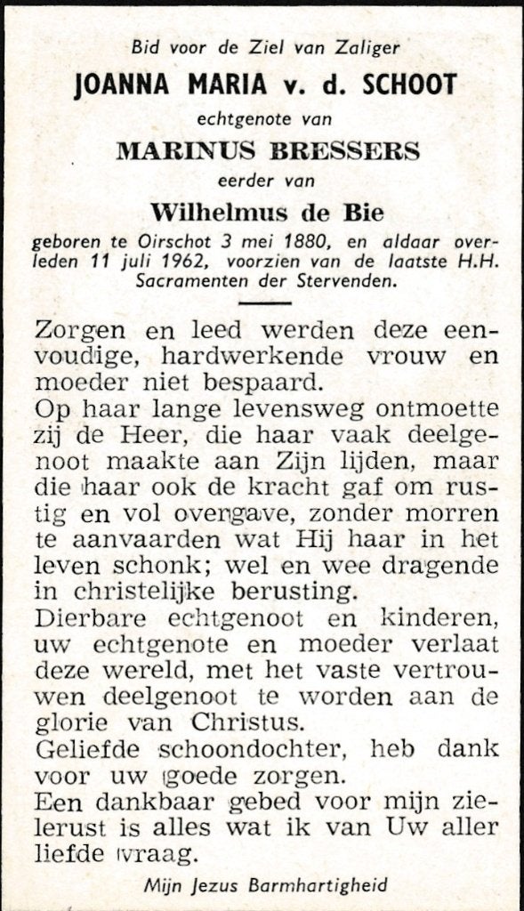 Schoot Joanna 1880 Oirschot 1962, Verzamelen, Bidprentjes en Rouwkaarten, Ophalen of Verzenden, Bidprentje