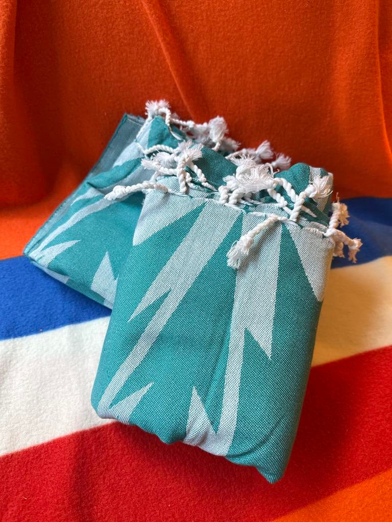 Turquoise Hamamdoek met Wit bliksem Patroon, 100 tot 150 cm, Wit, Nieuw, Rechthoekig