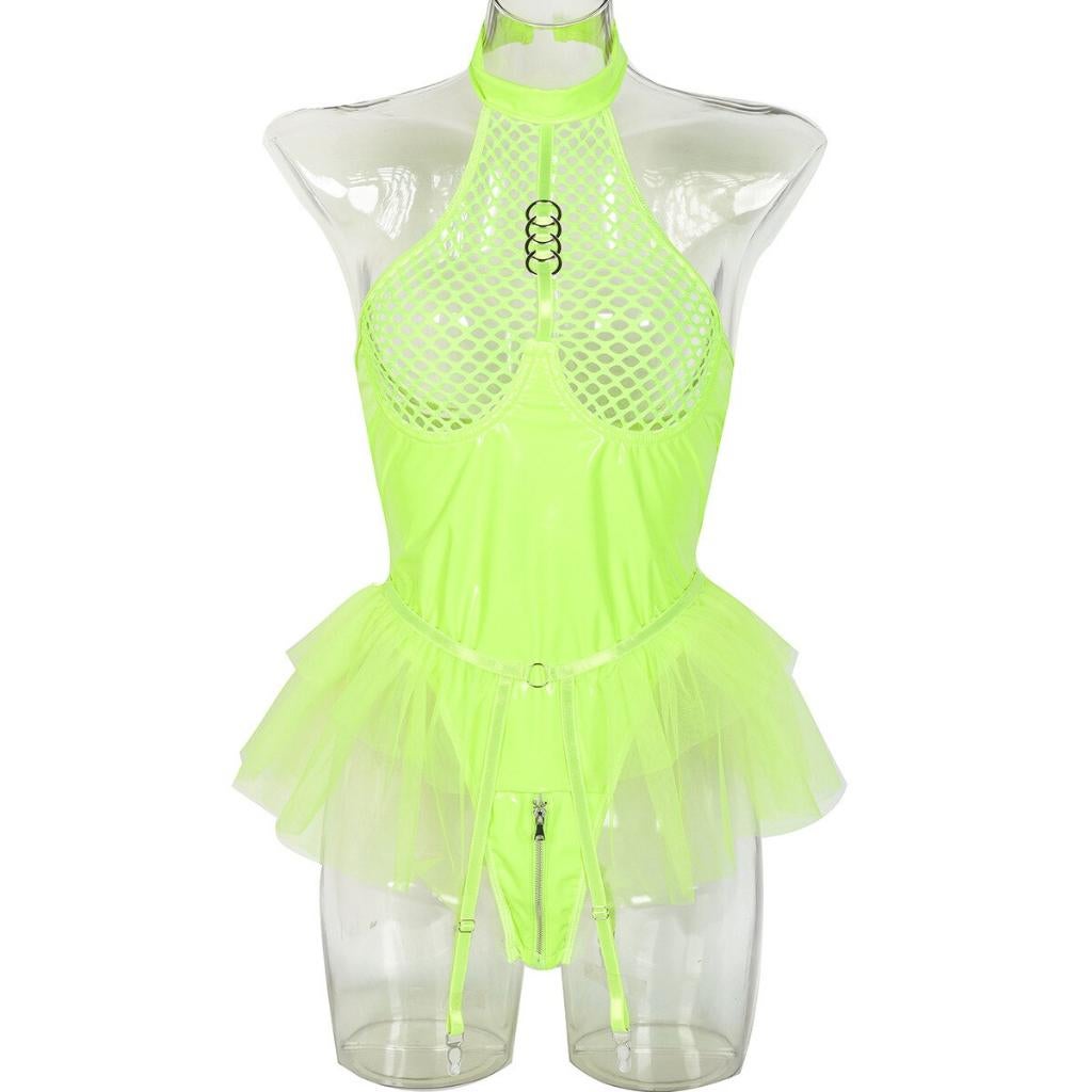 Gele dames body jurkje / sexy lingerie kostuum wetlook, Verzenden, Geel, Body of Korset