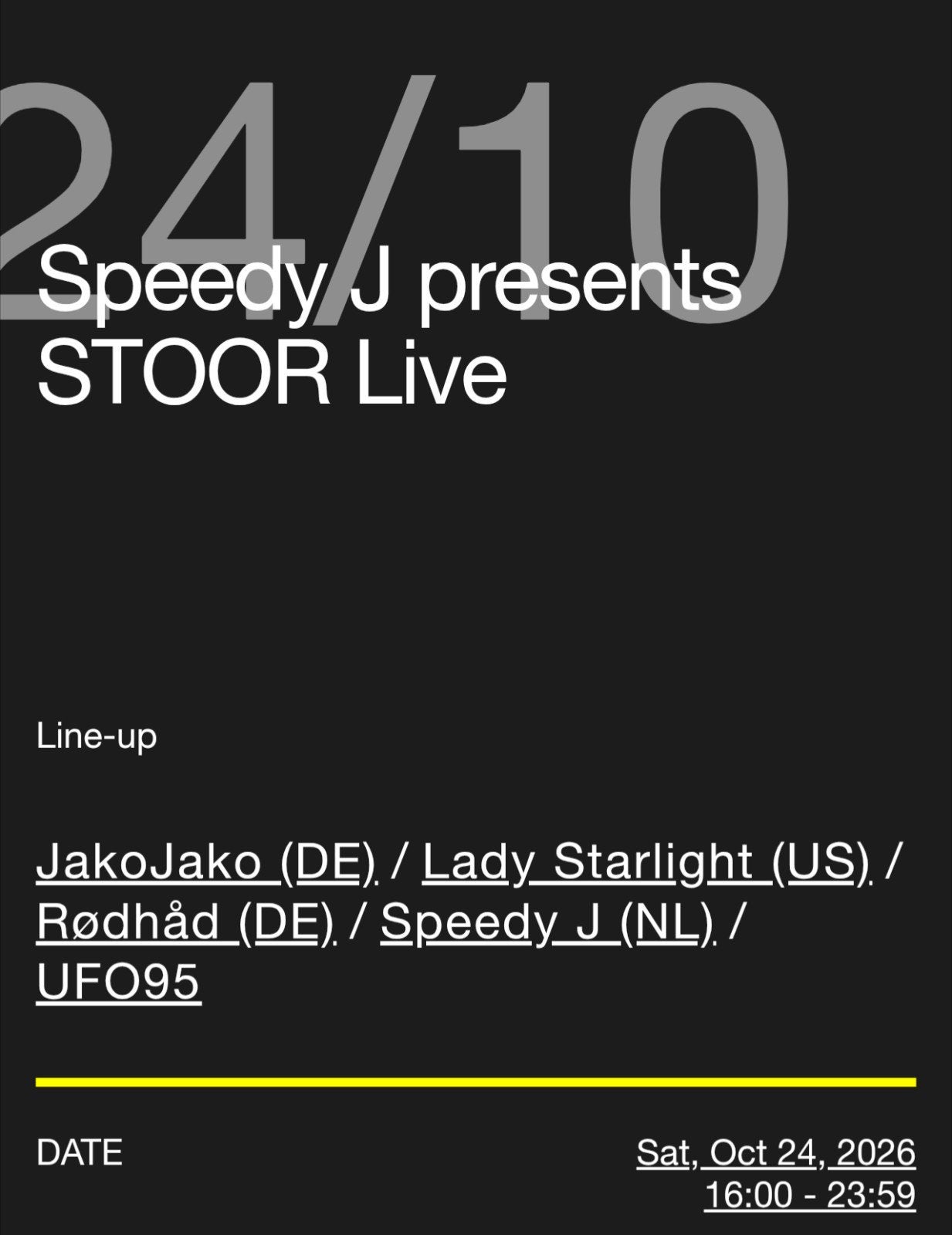 2x Speedy J presents STOOR Live - ADE 2026, Tickets en Kaartjes, Twee personen