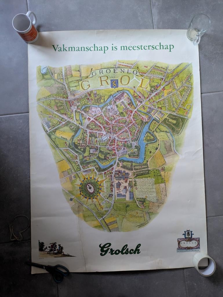 Vintage Grolsch poster - Groenlo kaart - 115,5 x 84 cm, Ophalen, Deurposter of groter, Reclame, Rechthoekig Staand