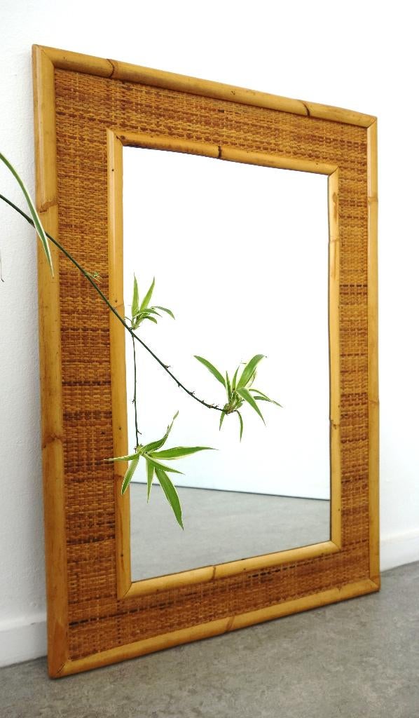 Vintage bamboe wandspiegel Dal Vera XL rotan spiegel 70s, Gebruikt, Ophalen of Verzenden, Minder dan 100 cm, Rechthoekig