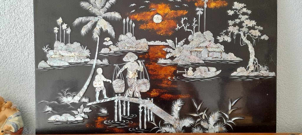 kunstwerk met parelmoer inlegwerk - Rivierlandschap, Hout, 40 cm, Schilderij, Verzenden