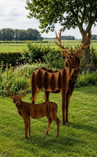 Groot hert met jong van cortenstaal – tuinbeelden, Tuin en Terras, Tuinbeelden, Ophalen, Nieuw, Metaal, Dierenbeeld