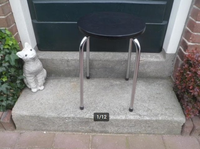 Vintage kruk zwart skai chroom chroom buisframe keukenkruk, Ophalen of Verzenden, Gebruikt, IJzer