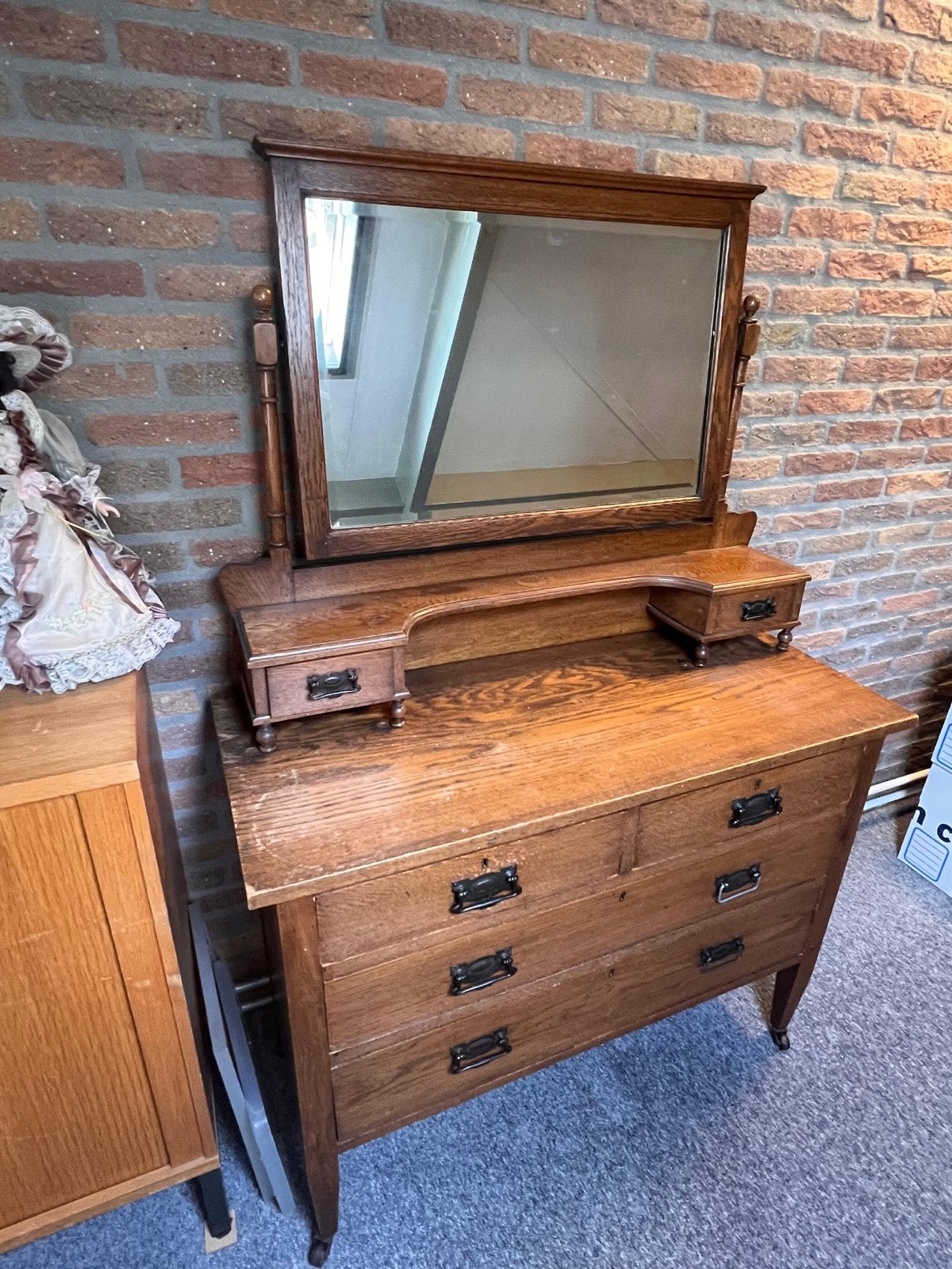 Antieke Eikenhouten Kaptafel met Spiegel en Lades, Ophalen