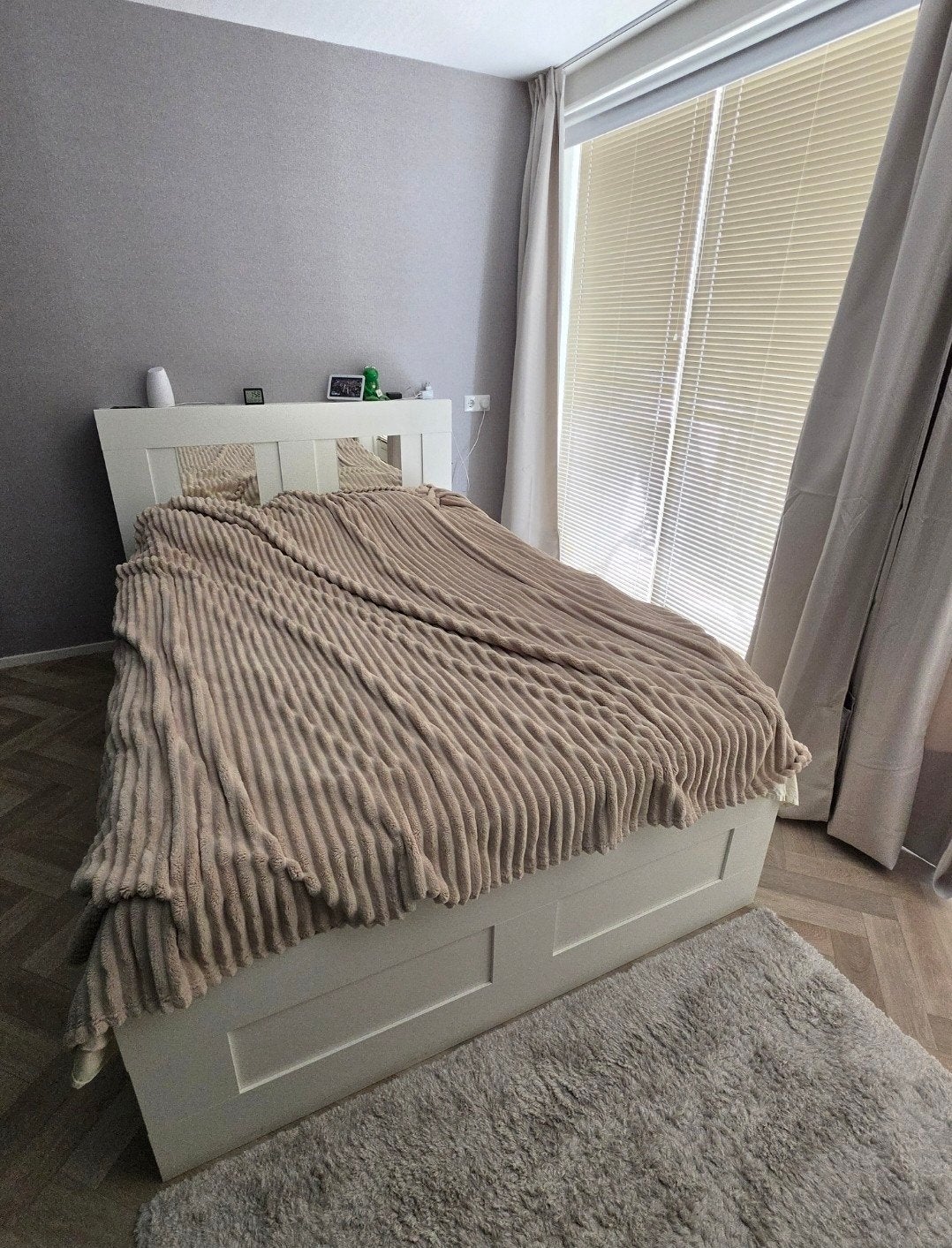 IKEA BRIMNES bed 140x200 – incl hoofdeinde, topper en matras, Ophalen, Gebruikt, Wit, Tweepersoons