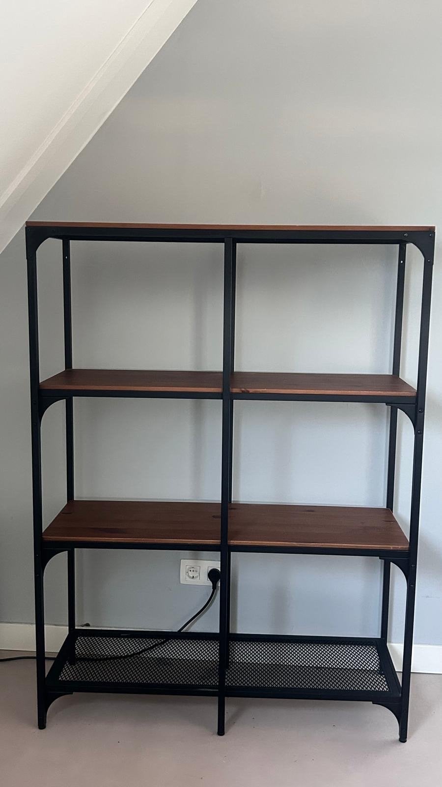 IKEA Fjallbo stellingkast met 4 planken, zwart/grenen, Ophalen, Met plank(en), Gebruikt, 100 tot 150 cm