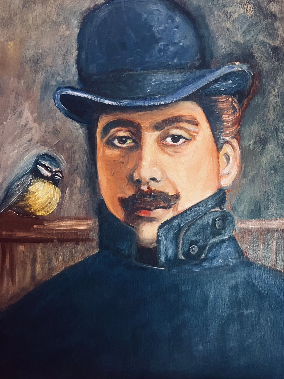 Olieverf schilderij puccini met koolmeesje, Ophalen of Verzenden