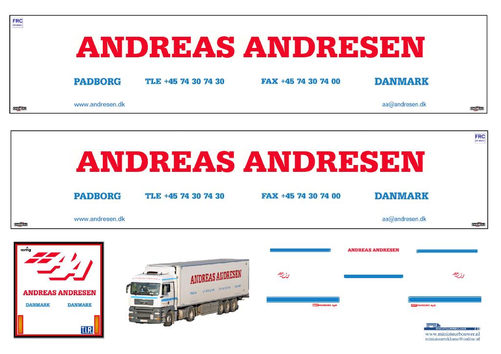 Vrachtauto decal 1:50 Andreas Andresen Denemarken (trailer), Verzenden, Nieuw, Bus of Vrachtwagen, Overige merken