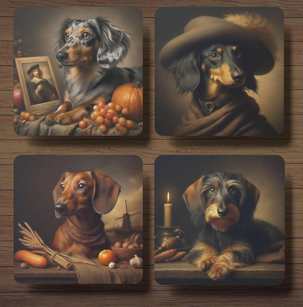 Teckel Rembrandt stijl onderzetters met houder, Ophalen of Verzenden, Nieuw, Glas of Kopje