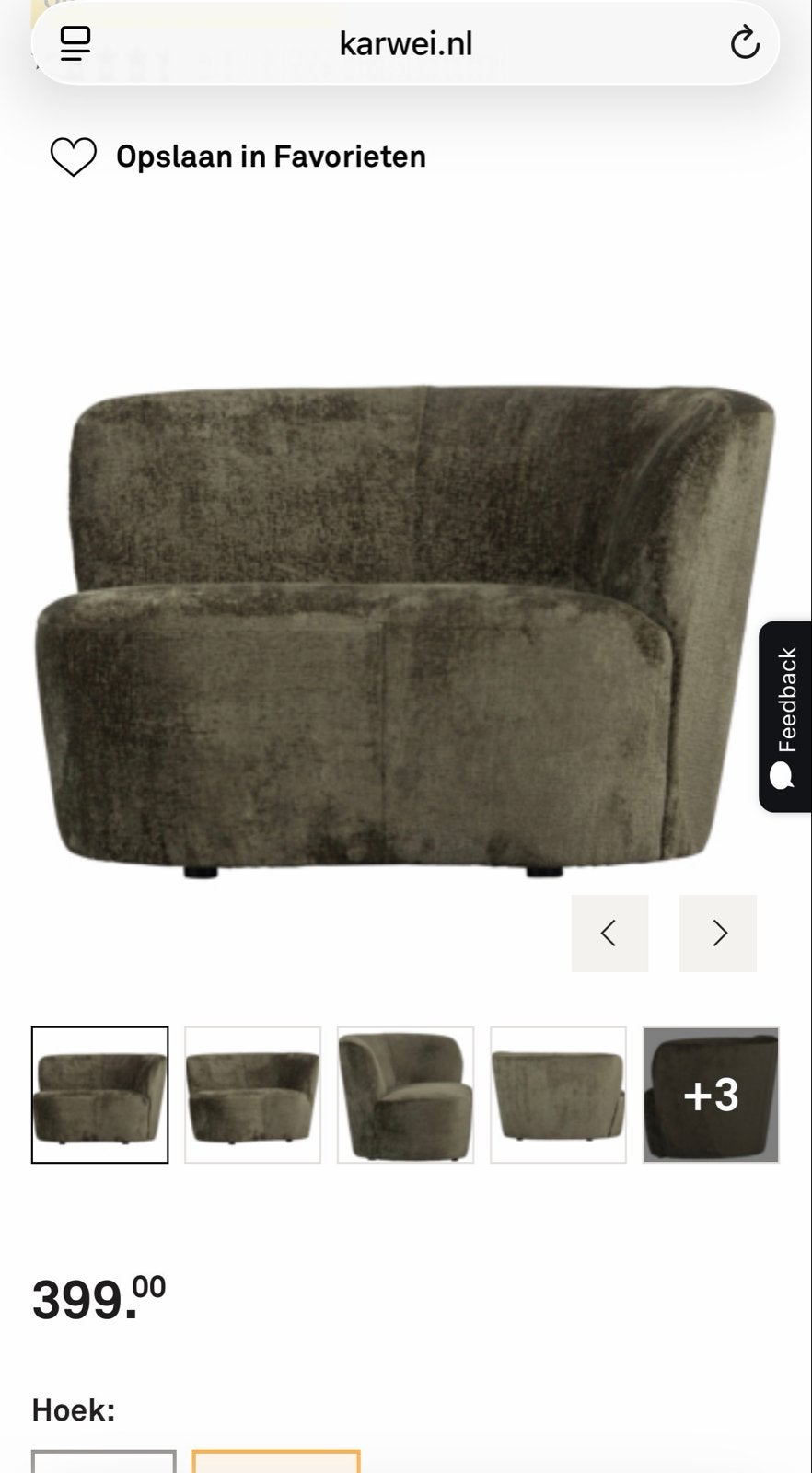 WOOOD Fauteuil Stone warmgroen velvet, leuning rechts, Huis en Inrichting, Fauteuils, Ophalen of Verzenden, Zo goed als nieuw