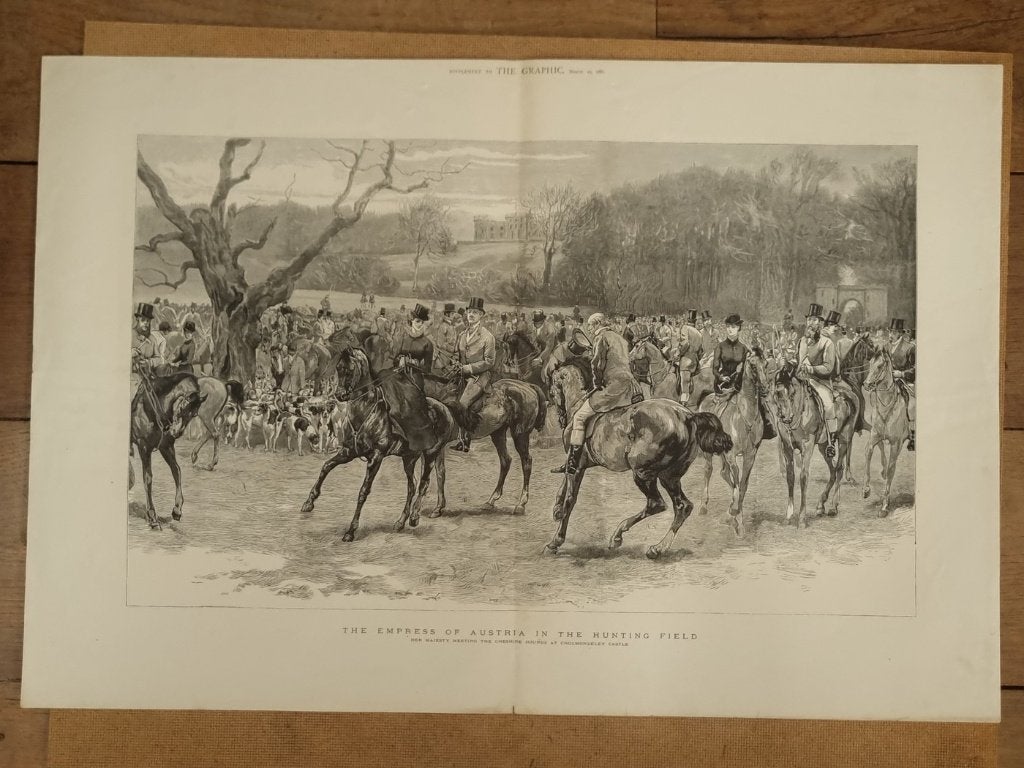 Houtgravure keizerin Sisi op jacht - The Graphic 1881, Ophalen, 1800 - 1899, 62 cm, Gravure