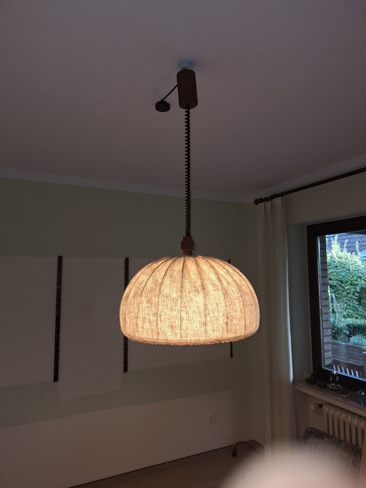 Vintage Domus '70 hanglamp teakhout & wol, Ophalen, Gebruikt, Vintage, Jaren '70, Scandinavisch, E27 (groot)