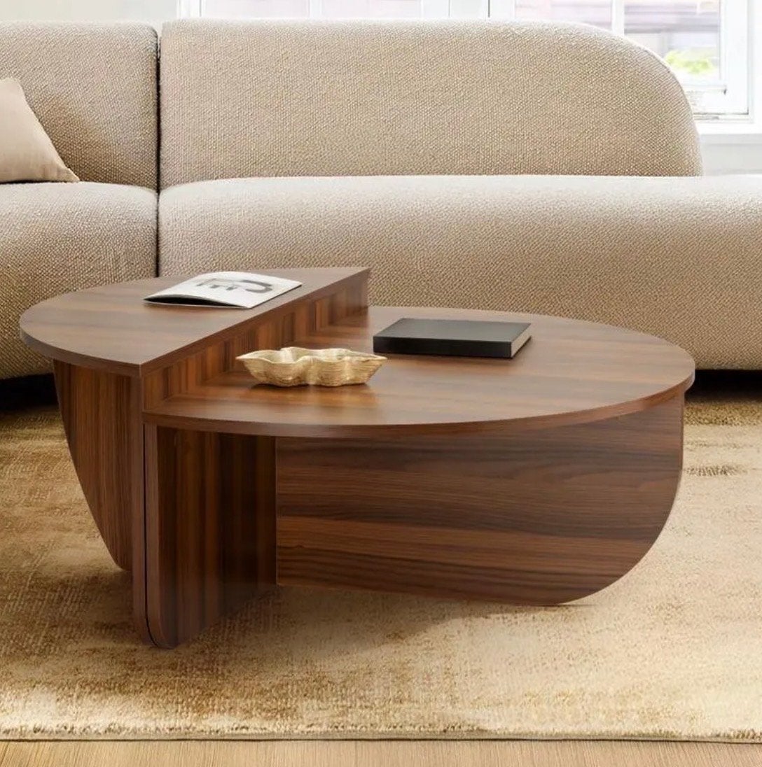Moderne ronde salontafel in walnoot kleur, Ophalen, Rond, 50 tot 100 cm, Zo goed als nieuw