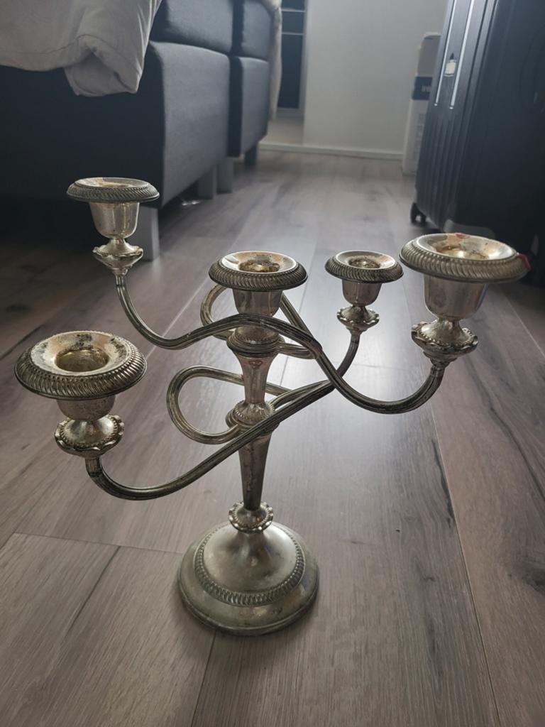 Antieke zilverkleurige kandelaar met 5 armen, Ophalen