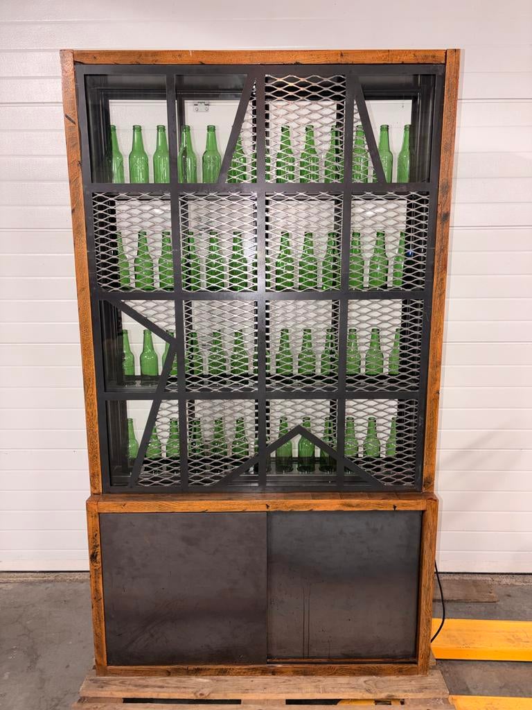 Heineken Vitrinekast / Roomdivider - Industrieel Design, Ophalen, 100 tot 150 cm, Zo goed als nieuw, Eikenhout